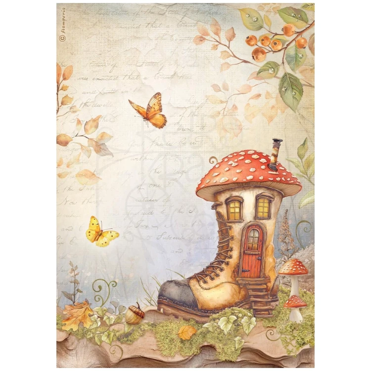 Papier ryżowy do decoupage A4 Whispering Woods Domek w bucie DFSA41061 Stamperia