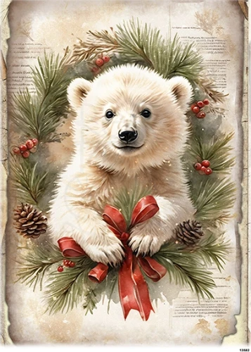 Papier ryżowy do decoupage A5 Biały miś w wianku 13582