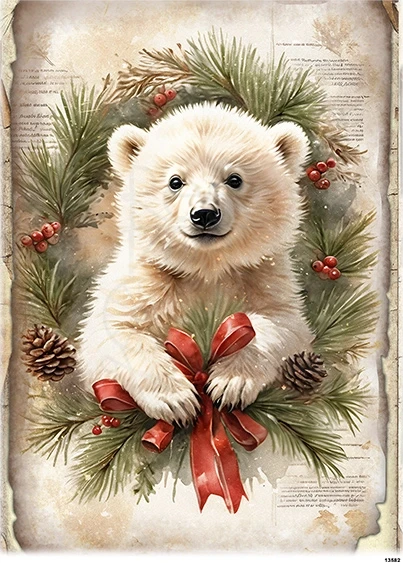 Papier ryżowy do decoupage A5 Biały miś w wianku 13582