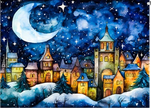Papier ryżowy do decoupage A5 Miasteczko nocą i księżyc 13568