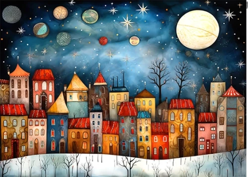 Papier ryżowy do decoupage A5 Miasteczko - kamieniczki nocą 13333