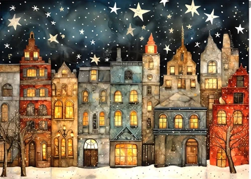 Papier ryżowy do decoupage A5 Miasteczko - kamieniczki nocą 13332