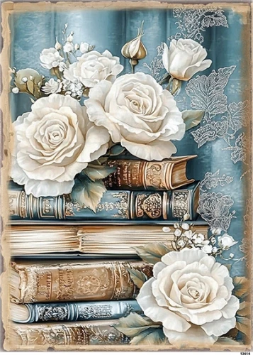 Papier ryżowy do decoupage A4 Książki i białe róże 13614