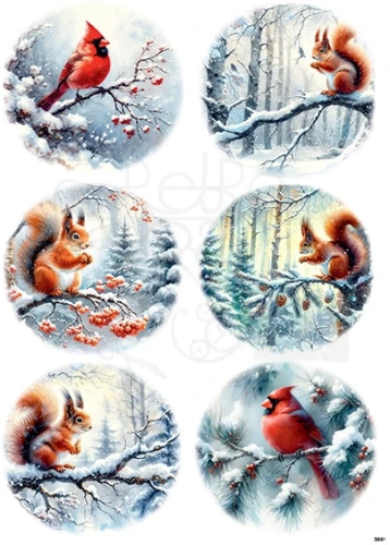 Papier ryżowy do decoupage A4 Zimowe wiewiórki i kardynały 3801