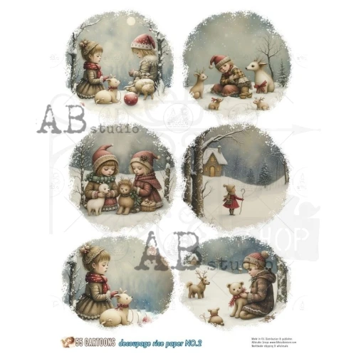 Papier ryżowy do decoupage A4 Dzieci zima medaliony No. 2 - 55 Cartoons