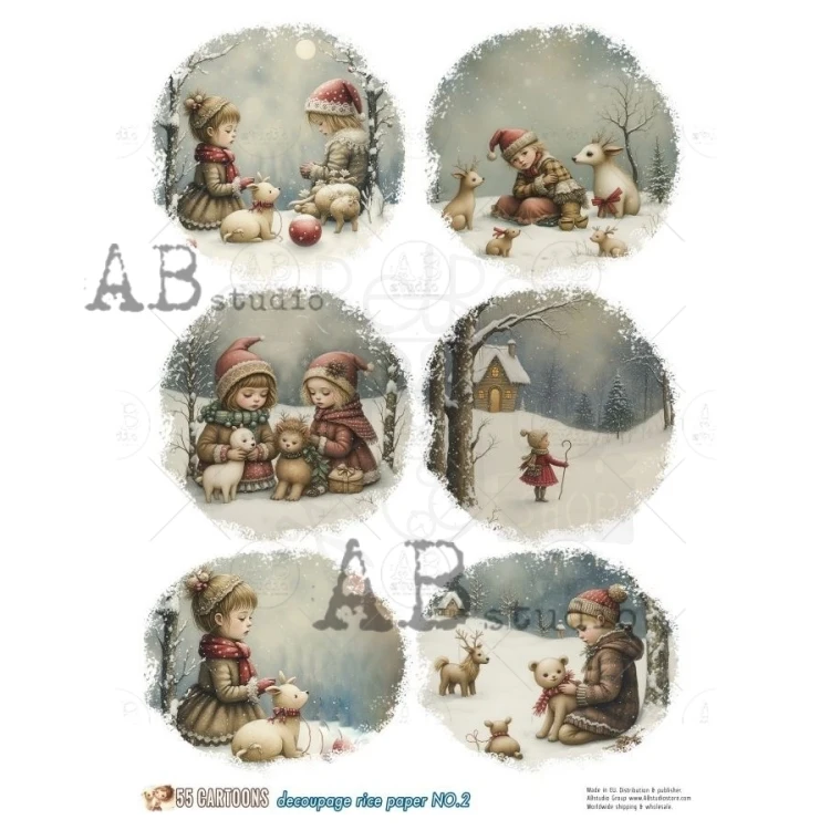Papier ryżowy do decoupage A4 Dzieci zima medaliony No. 2 - 55 Cartoons