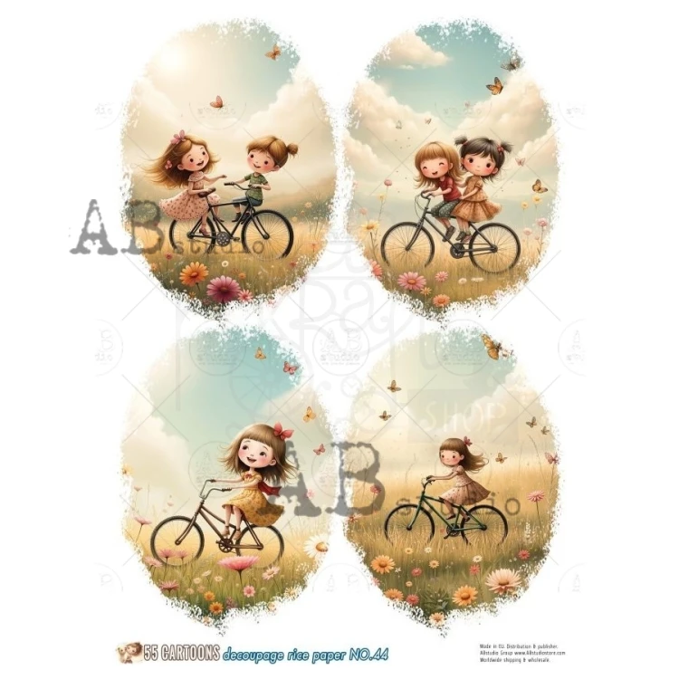 Papier ryżowy do decoupage A4 Dziewczynki na rowerze No. 44 - 55 Cartoons