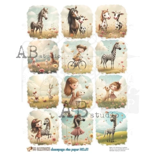 Papier ryżowy do decoupage A4 Dzieci i zwierzęta No. 51 - 55 Cartoons