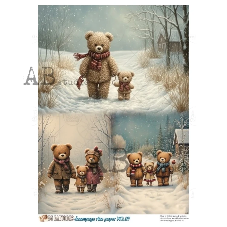Papier ryżowy do decoupage A4 Misie na spacerze zima No. 59 - 55 Cartoons