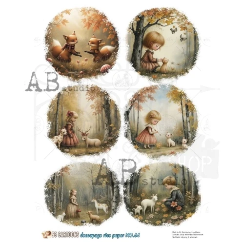 Papier ryżowy do decoupage A4 Jesień dzieci zwierzęta No. 64 - 55 Cartoons