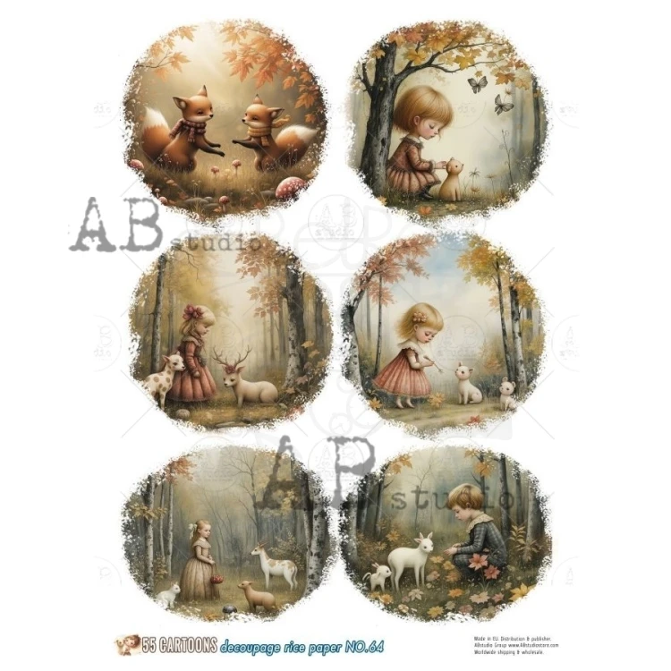 Papier ryżowy do decoupage A4 Jesień dzieci zwierzęta No. 64 - 55 Cartoons