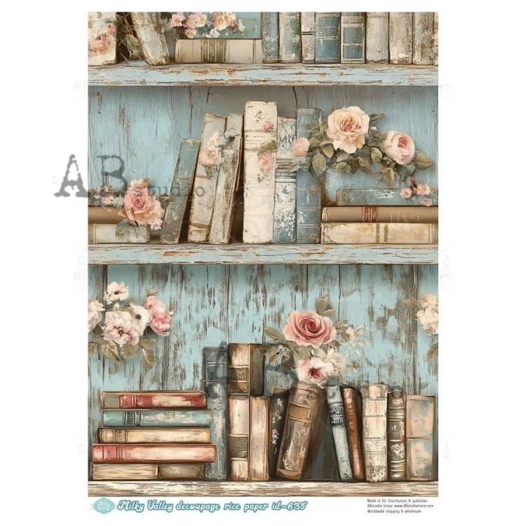 Papier ryżowy do decoupage A4 Książki na półce retro róże ID-635 - Milky Valley