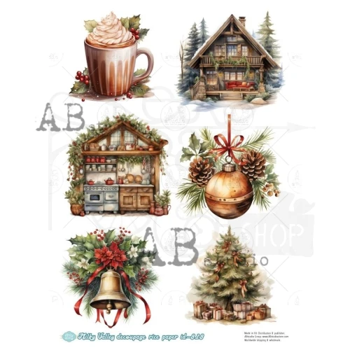 Papier ryżowy do decoupage A4 Choinka bombka ostrokrzew ID-818 - Milky Valley