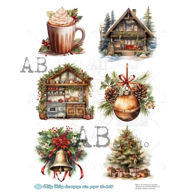 Papier ryżowy do decoupage A4 Choinka bombka ostrokrzew ID-818 - Milky Valley
