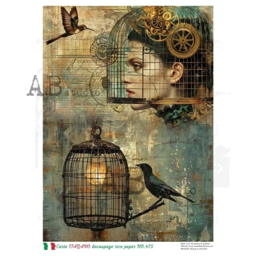 Papier ryżowy do decoupage A4 Kobieta retro i ptak NO.475 - Carte Italiano