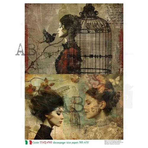 Papier ryżowy do decoupage A4 Kobieta retro i ptak NO.476 - Carte Italiano