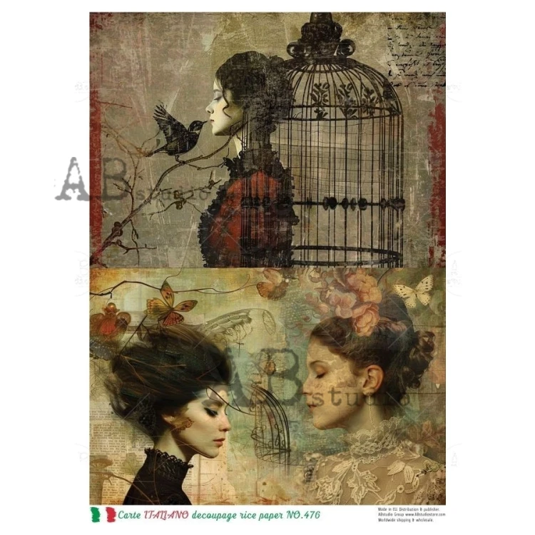 Papier ryżowy do decoupage A4 Kobieta retro i ptak NO.476 - Carte Italiano
