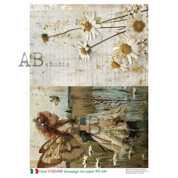 Papier ryżowy do decoupage A4 Dziewczynka na łące margaretki NO.490 - Carte Italiano