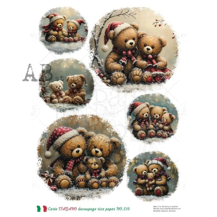 Papier ryżowy do decoupage A4 Zimowe misie NO.519 - Carte Italiano