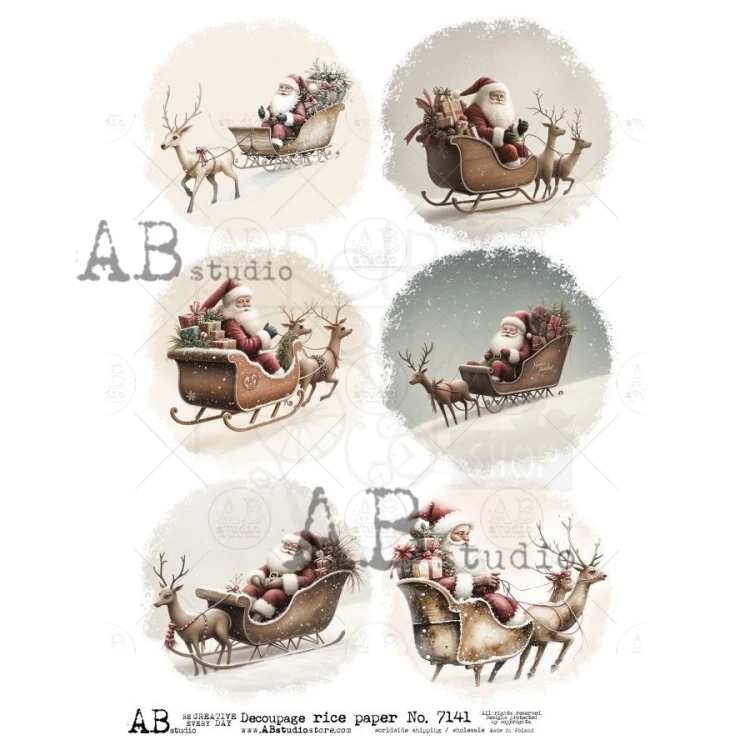 Papier ryżowy do decoupage A4 Mikołaj w saniach i prezenty ID-7141 - ABstudio