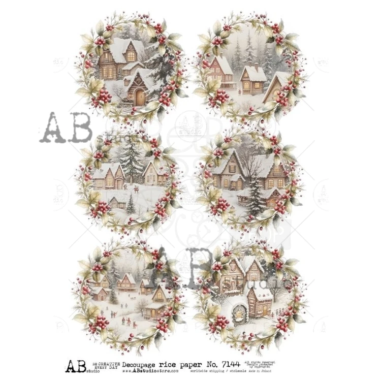 Papier ryżowy do decoupage A4 Zimowe miasteczko medaliony ID-7144 - ABstudio