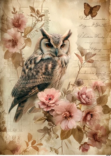 Papier ryżowy do decoupage A5 Sowa i kwiaty retro 10274