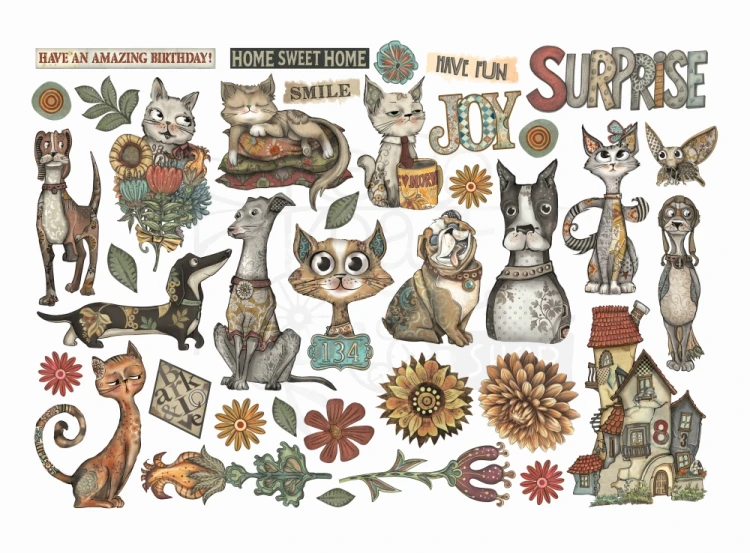 Ozdoby papierowe samoprzylepne Ephemera Furry Friends 38 szt DFLCT69 Stamperia
