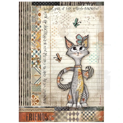 Papier ryżowy do decoupage A4 Furry Friends Kot i motylki DFSA41067 Stamperia
