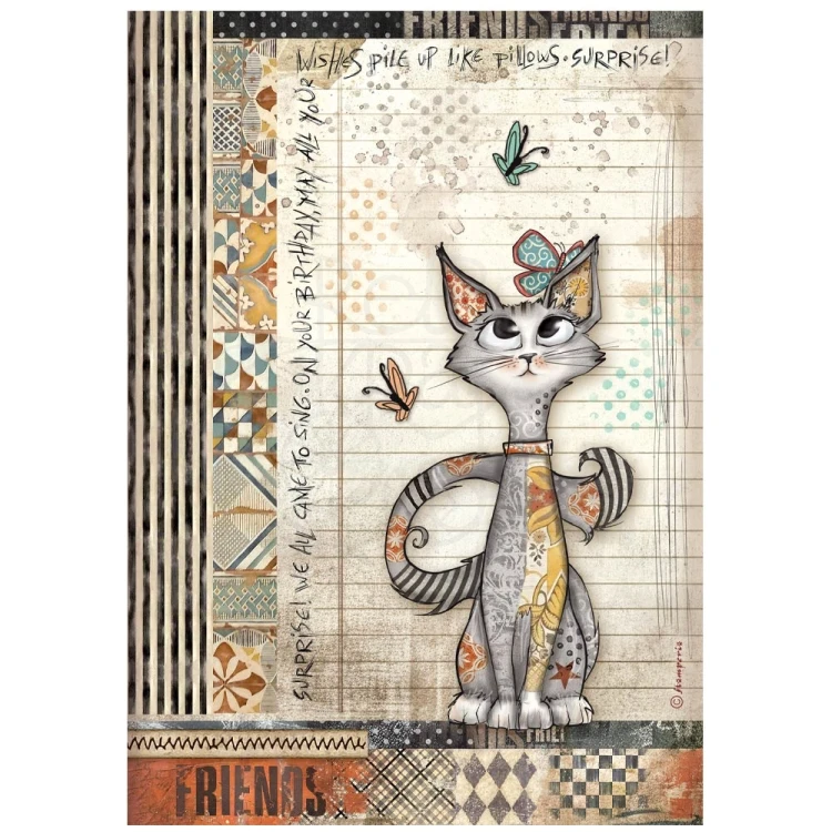 Papier ryżowy do decoupage A4 Furry Friends Kot i motylki DFSA41067 Stamperia