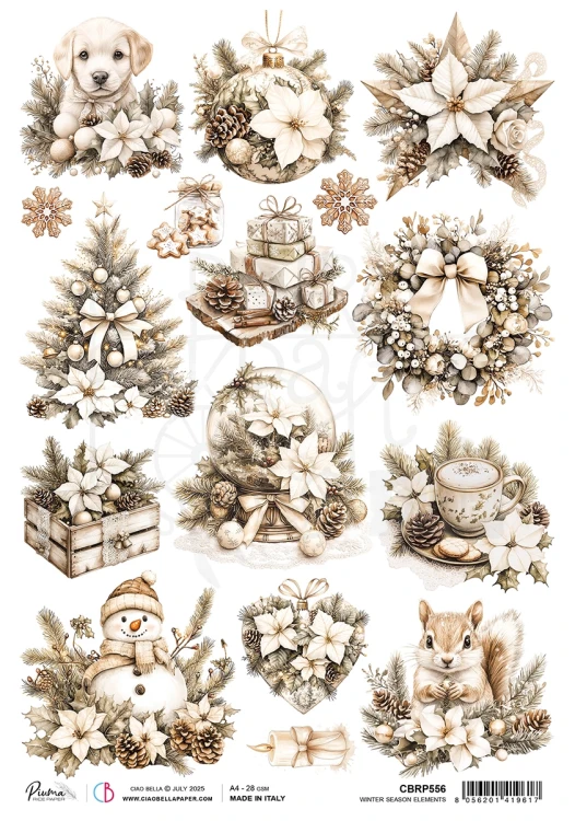 Papier ryżowy do decoupage A4 Winter Season Elements CBRP556 Ciao Bella