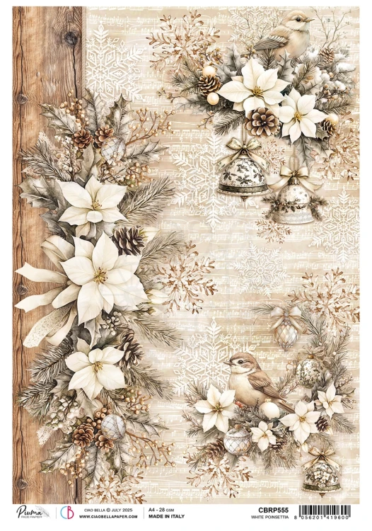 Papier ryżowy do decoupage A4 Winter Season White Poinsettia CBRP555 Ciao Bella
