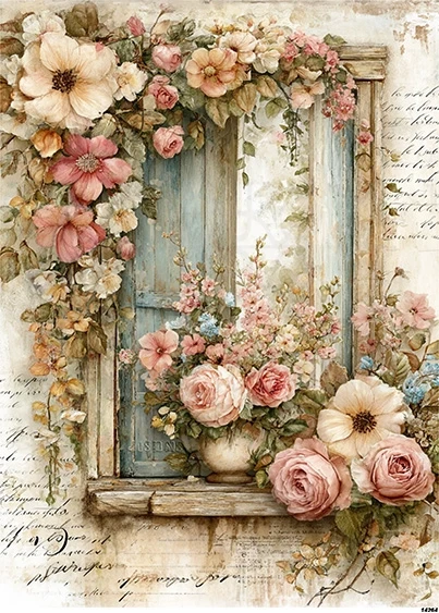 Papier ryżowy do decoupage A5 Okno i kwiaty retro 14264