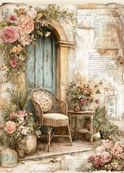Papier ryżowy do decoupage A5 Fotel drzwi i kwiaty retro 14255