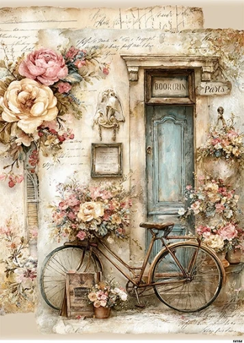 Papier ryżowy do decoupage A5 Rower i kwiaty retro 14254