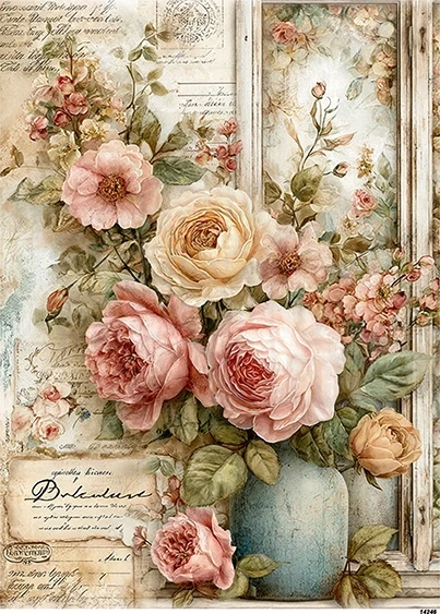 Papier ryżowy do decoupage A5 Kwiaty w wazonie retro 14246