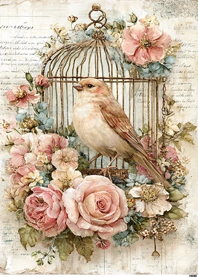 Papier ryżowy do decoupage A5 Ptaszek i kwiaty retro 14244