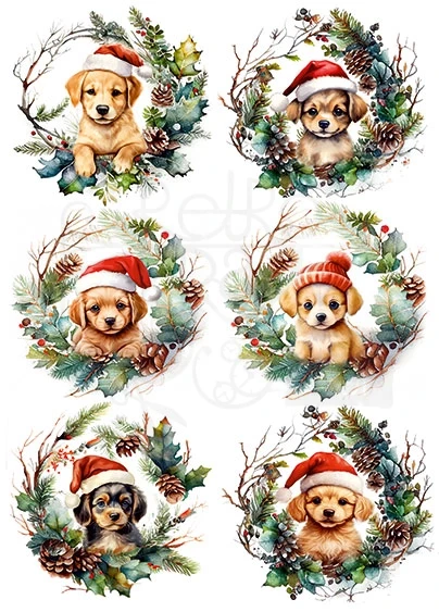 Papier ryżowy do decoupage A4 Piesek w czapce w zimowym wianku 2212
