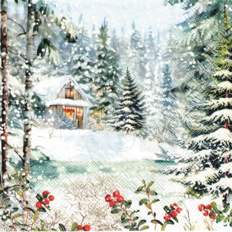 Serwetka 33x33 - Domek i zimowy las