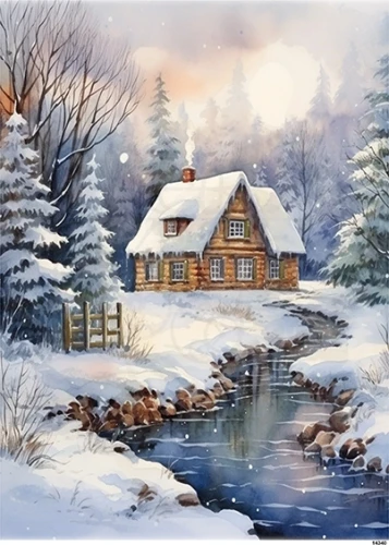 Papier ryżowy do decoupage A5 Zimowa chatka i strumyk 14340