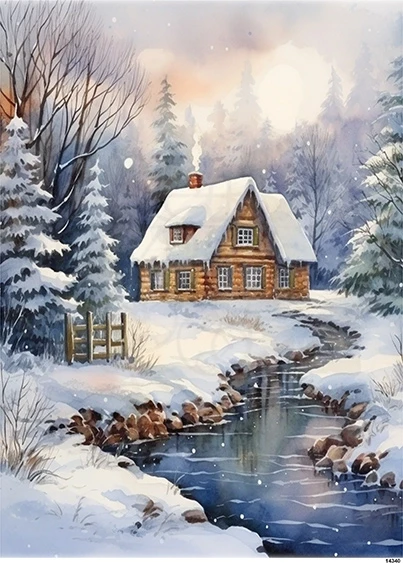 Papier ryżowy do decoupage A5 Zimowa chatka i strumyk 14340