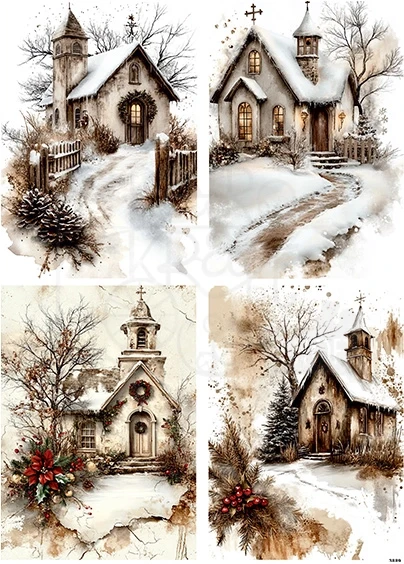 Papier ryżowy do decoupage A4 Zimowe kościoły retro 3889