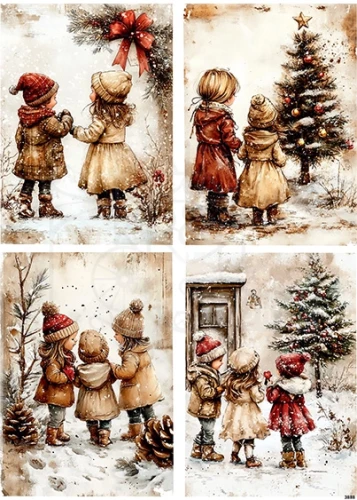 Papier ryżowy do decoupage A4 Dzieci zimą retro 3888