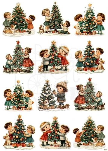 Papier ryżowy do decoupage A4 Dzieci zimą i choinka retro 3883