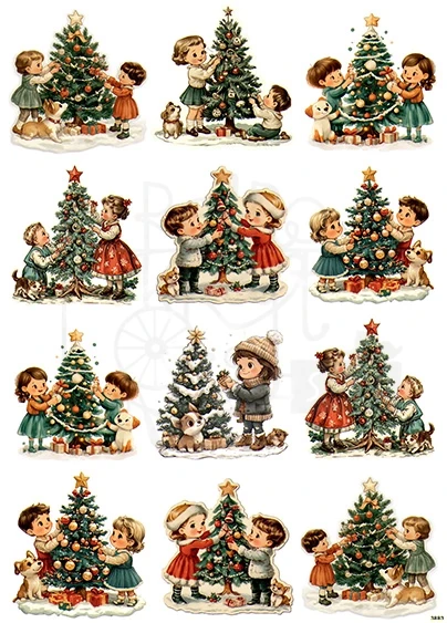 Papier ryżowy do decoupage A4 Dzieci zimą i choinka retro 3883