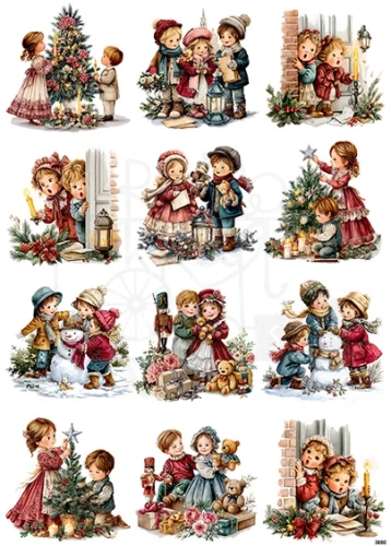 Papier ryżowy do decoupage A4 Dzieci zimą bałwanek i choinka retro 3880