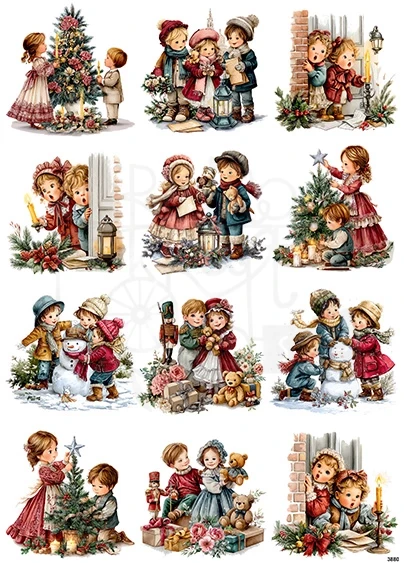 Papier ryżowy do decoupage A4 Dzieci zimą bałwanek i choinka retro 3880