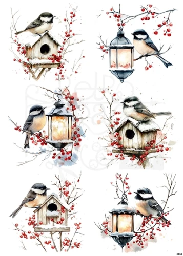 Papier ryżowy do decoupage A4 Zimowy ptaszek i czerwone jagody 3864