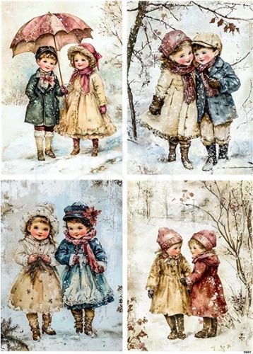 Papier ryżowy do decoupage A4 Dzieci zimą retro 3862