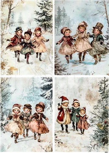 Papier ryżowy do decoupage A4 Dzieci zimą retro 3861