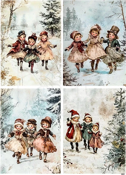 Papier ryżowy do decoupage A4 Dzieci zimą retro 3861